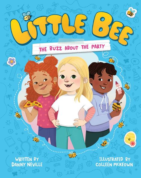 "Little Bee: The Buzz About the Party" in gelben und rosa Buchstaben. Drei fröhliche Kinder, eine isst Pizza.