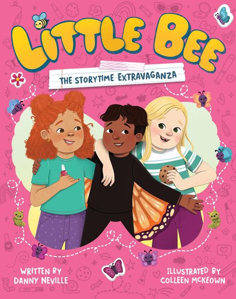 "Little Bee: The Storytime Extravaganza"; drei Kinder, fröhlich, eines mit Schmetterlingsflügeln; bunte, verspielte Motive.