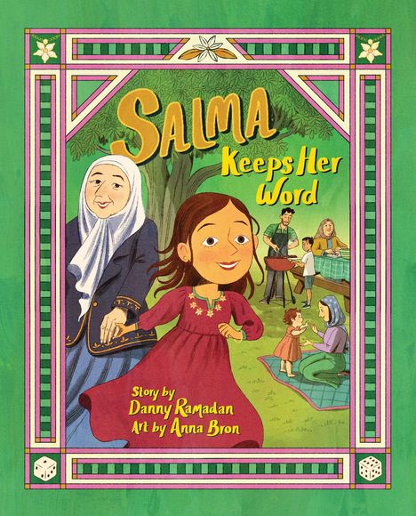 Titel: "Salma Keeps Her Word." Eine Illustration zeigt Salma und eine ältere Frau im Vordergrund mit einer Familienszene im Hintergrund.