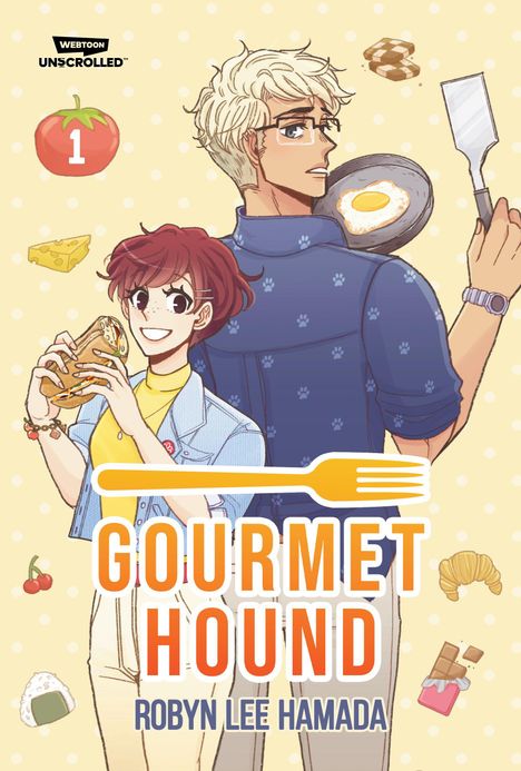 "Gourmet Hound", "Robyn Lee Hamada". Zwei Personen, eine mit Sandwich, die andere mit Bratpfanne. Essen um sie herum.