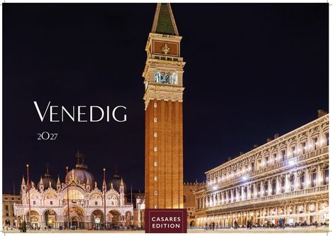 Text: "Venedig 2027, Casares Edition". Nachtszene mit venezianischer Architektur, beleuchteter Kirche und Turm.