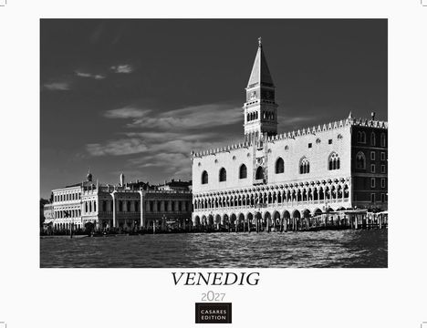 Text: "VENEDIG 2027 CASARES EDITION". Schwarz-weiß Bild von Gebäuden am Wasser, darunter ein großer Palast mit Turm.