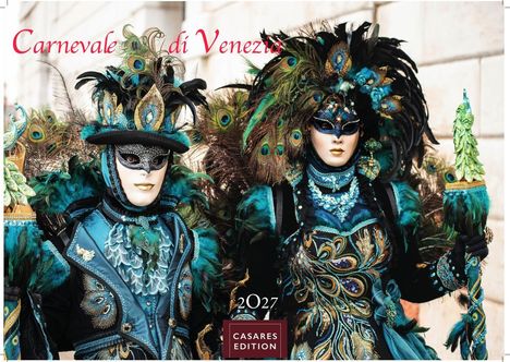 "Carnevale di Venezia", 2027, Casares Edition. Zwei kostümierte Gestalten mit opulenten Masken und Federdekorationen.