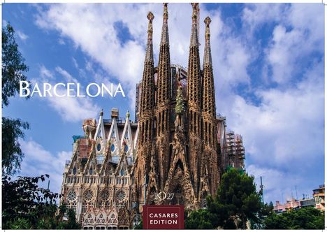 Text: "Barcelona", "2027", "Casares Edition". Eine beeindruckende Kirche mit markanten Türmen vor einem blauen Himmel.