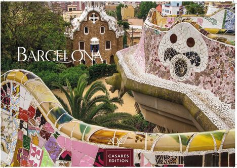 Text: "BARCELONA", "2024", "CASARES EDITION". Ansicht einer bunten, mosaikbedeckten Architektur im Park Güell.