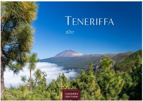 "Teneriffa 2027" steht oben. Unten steht "CASARES EDITION". Kiefern, Wolken und ein Berg mit blauem Himmel.