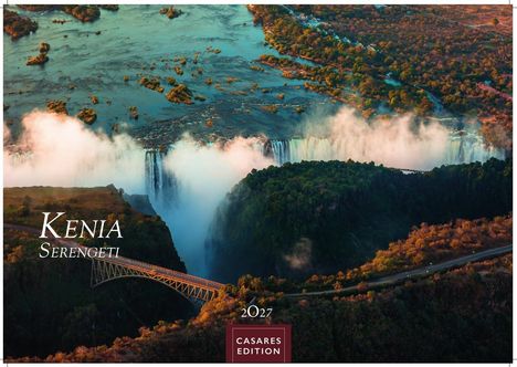Text: "KENIA SERENGETI", "2027", "CASARES EDITION". Ein Wasserfall mit Brücke und dichter Waldlandschaft.