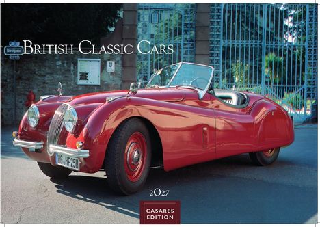 Text: "British Classic Cars", "2027", "Casares Edition". Ein glänzender, klassischer roter Cabrio-Sportwagen im Freien.