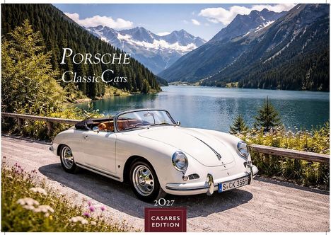 Porsche Classic Cars; Casares Edition 2027. Weißer Oldtimer vor Bergsee und Alpenlandschaft in sonniger Umgebung.