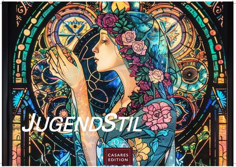 "JUGENDSTIL" in weiß. "CASARES EDITION" unten. Farbige Illustration einer Frau mit Blumen, stilisiert und detailreich.