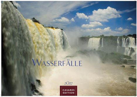 "Wasserfälle" steht groß in blauer Schrift, darunter "2027". Im Hintergrund stürzen mächtige Wasserfälle in die Tiefe.
