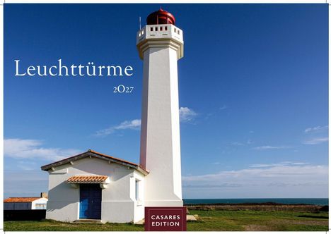 Text: "Leuchttürme 2027", "CASARES EDITION". Ein weißer Leuchtturm neben kleinem Gebäude vor blauem Himmel.