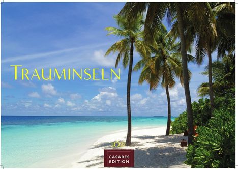 Text: "TRAUMINSELN", "2024", "CASARES EDITION". Sicht auf tropischen Strand mit Palmen, blauem Himmel und klarem Wasser.