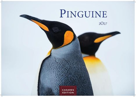 Text: "Pinguine 2027", "CASARES EDITION". Zwei Kaiserpinguine nebeneinander, einer im Vordergrund.
