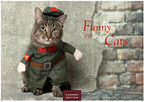 Text: "Funny Cats 2027", "CASARES EDITION". Eine Katze in einem grünen Soldatenkostüm vor einer Ziegelmauer.
