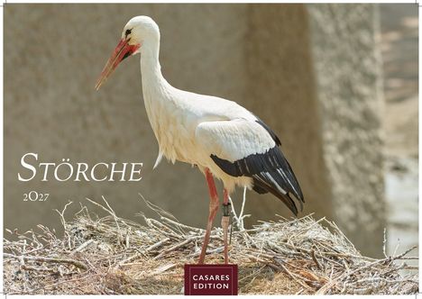 Text: "STÖRCHE 2027, CASARES EDITION." Ein Storch steht auf einem Nest aus Zweigen.