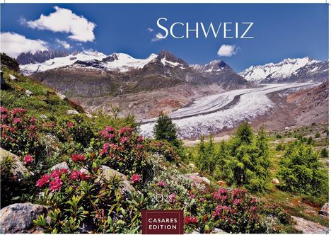 "Schweiz. 2023. Casares Edition." Ein Gebirgspanorama mit Gletscher, blühenden Alpenrosen und grünem Wald.