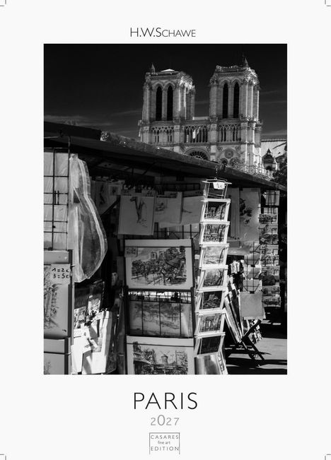 Oben steht "H.W. Schawe", unten "PARIS 2027". Im Vordergrund sind Kunstwerke ausgestellt, dahinter Notre-Dame.