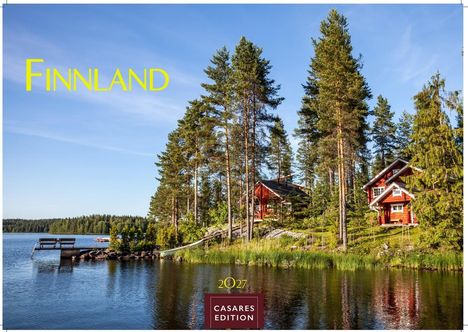 Text: "Finnland", "2027", "Casares Edition". Beschreibung: Rote Häuser am Seeufer, umgeben von hohen Bäumen und einem Steg am Wasser.