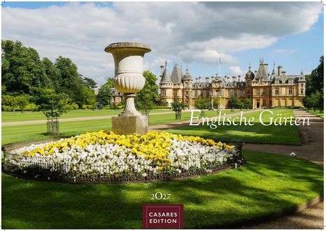 "Englische Gärten", oben rechts, große Schrift, mit Schloss im Hintergrund, ein Blumenbeet und eine steinerne Vase im Vordergrund.