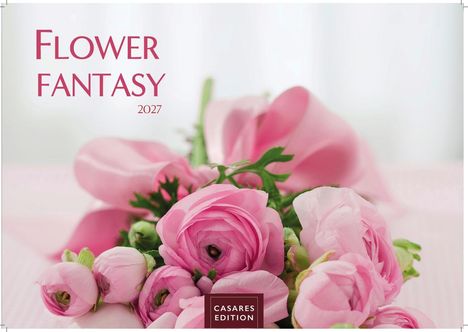 Text: "FLOWER FANTASY 2027", "CASARES EDITION". 
Ein Strauß pinker Blumen, elegant arrangiert.