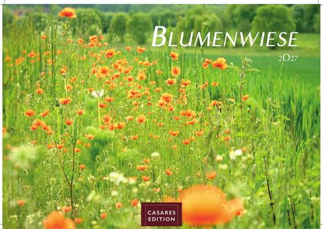Text: "BLUMENWIESE 2027", "CASARES EDITION". Ein Feld mit vielen orangefarbenen Blumen, umgeben von grünem Gras.