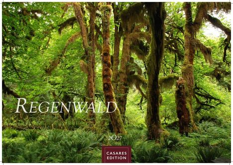"REGENWALD 2027, CASARES EDITION" in weißer Schrift. Dicht bewachsener Wald mit moosigen Bäumen.