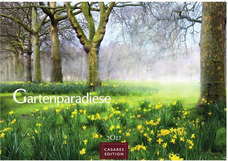 „Gartenparadiese“ in großer Schrift. Darunter „2024 CASAES EDITION“. Frühling mit Bäumen und gelben Narzissen.