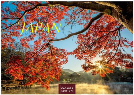 Texte: "JAPAN", "2027", "CASARES EDITION". Herbstliche Bäume vor blauem Himmel, Sonnenstrahlen, traditioneller Pavillon.