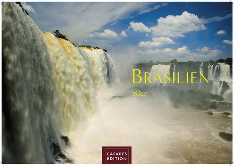 "Brasilien 2027" in gelber Schrift. Darstellung von beeindruckenden Wasserfällen unter blauem Himmel mit Wolken.