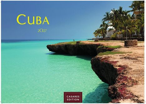 Text: "CUBA 2027", "CASARES EDITION". Klare türkisfarbene Küste, Palmen und ein felsiges Ufer.
