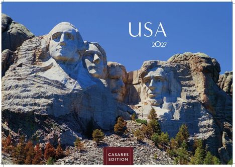 Text: "USA 2027" und "CASARES EDITION".  
Ein berühmtes Denkmal mit in Stein gehauenen Gesichtern.