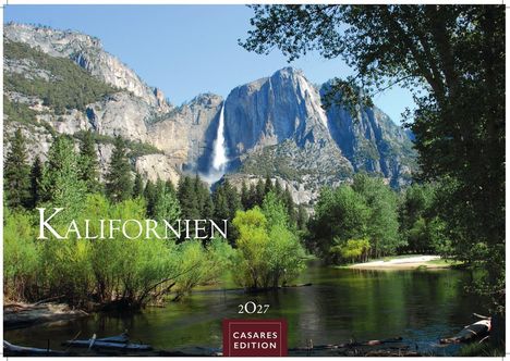 Text: „Kalifornien“, „2027“, „CASARES EDITION“. Eine Landschaft mit Bergen, Wasserfall, Wald und Fluss.