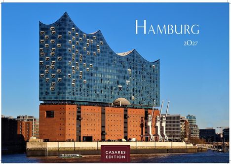 Text: "HAMBURG 2027", "CASARES EDITION". Ein modernes Gebäude mit geschwungener Glasfassade und rotem Backsteinsockel.