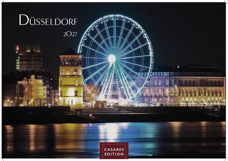 „Düsseldorf 2027“. Ein beleuchtetes Riesenrad in der Nacht, umgeben von historischen Gebäuden am Flussufer.