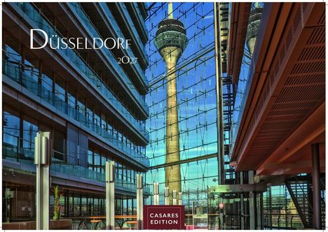 "Düsseldorf 2027" oben links, "CASARES EDITION" unten. Modernes Gebäude mit Glasfassade, im Hintergrund Fernsehturm.