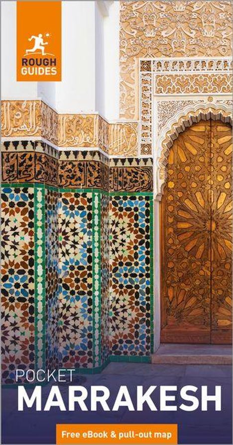 Text: "Pocket Marrakesh", "Free eBook & pull-out map". 

Illustration: Verzierter Türbogen mit bunten Mosaiken.