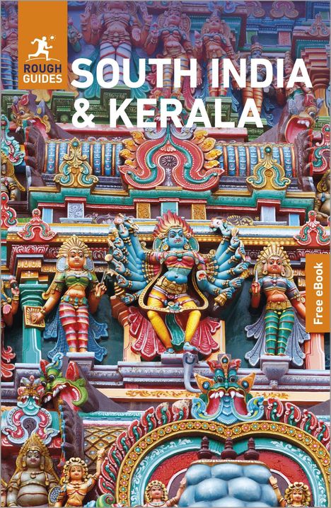 "South India & Kerala", "Free eBook", "Rough Guides" Logo. Farbenfrohe hinduistische Tempelkunst mit detaillierten Figuren.