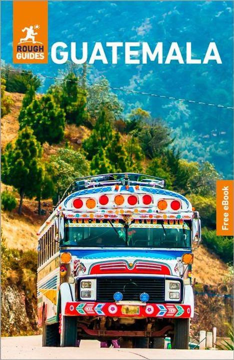 Text: "GUATEMALA", "ROUGH GUIDES", "Free eBook". Ein bunter Bus fährt auf einer Straße in einer bergigen Landschaft.