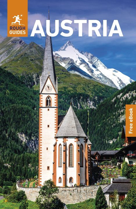 "AUSTRIA," "Rough Guides," "Free eBook." Eine Kirche mit spitzem Turm vor malerischen Bergen.
