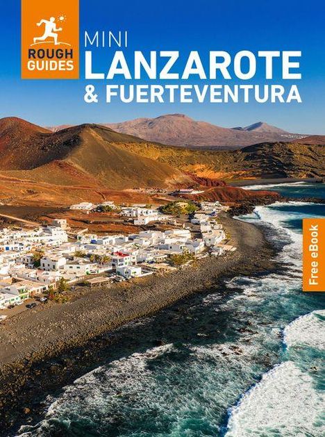 "Rough Guides Mini Lanzarote & Fuerteventura" mit Küstenlandschaft, weißen Häusern und Hügeln. Dazu das Logo von Rough Guides.