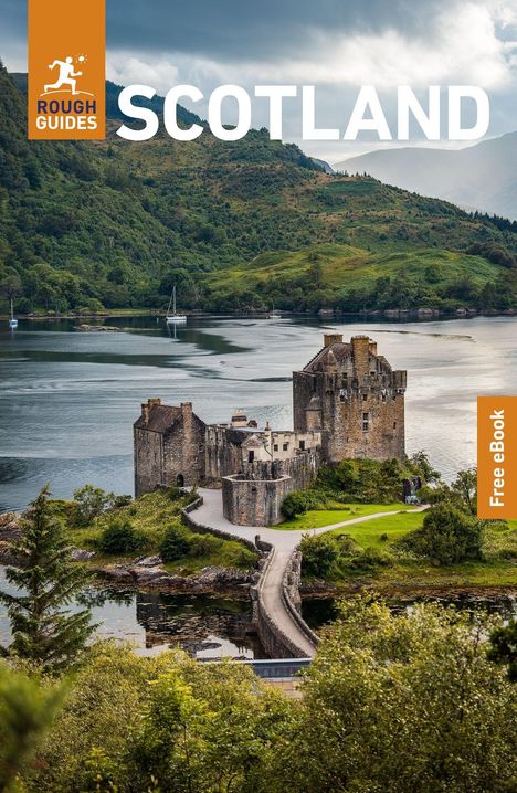 „SCOTLAND“ und „Free eBook“. Logo von Rough Guides. Ansicht eines Schlosses vor einem See und grünen Hügeln.