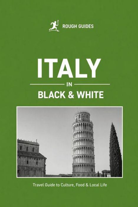 "ITALY IN BLACK & WHITE" steht in großer Schrift auf einem grünen Hintergrund, darunter ein Foto des schiefen Turms von Pisa.