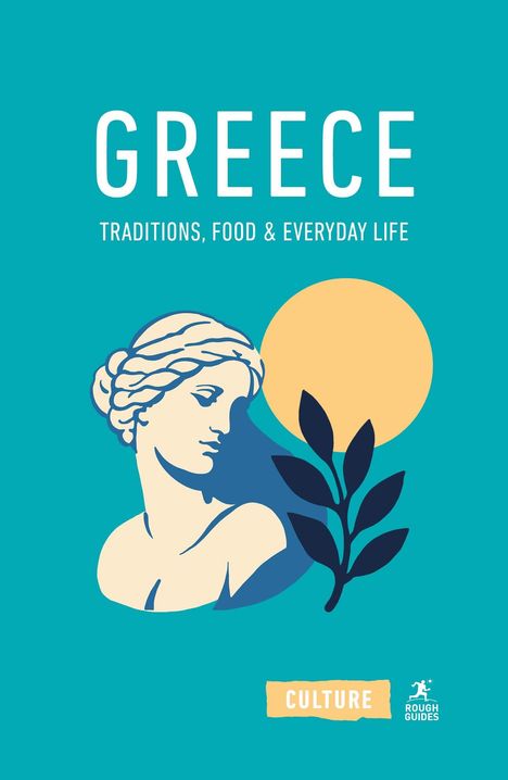 Text: GREECE, TRADITIONS, FOOD & EVERYDAY LIFE, CULTURE. Illustration einer Büste mit Olivenzweig und Sonne auf blauem Hintergrund.