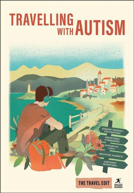 „TRAVELLING WITH AUTISM“ und „THE TRAVEL EDIT“. Illustration: Person mit Kopfhörern sieht auf malerische Landschaft.