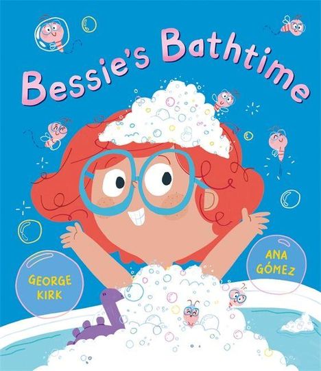 "Bessie's Bathtime" in bunten Buchstaben, fröhliches Kind im Schaumbad mit Brille und roten Haaren, umgeben von lächelnden Seifenblasen.