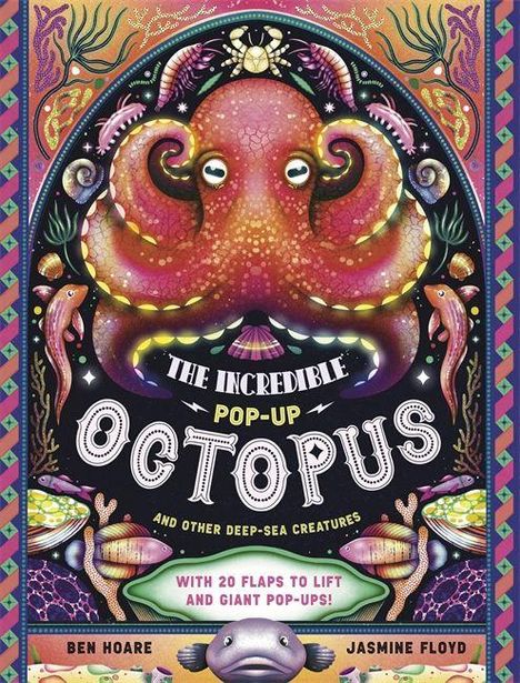 "The Incredible Pop-Up Octopus", Buchcover mit buntem Oktopus und Meereskreaturen, verspieltes Design.