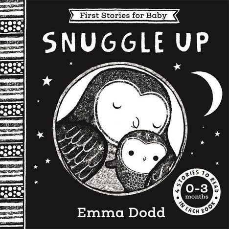 "First Stories for Baby: SNUGGLE UP" und "Emma Dodd" stehen prominent. Eine Illustration zeigt zwei kuschelnde Eulen unter Mondsichel und Sternen.