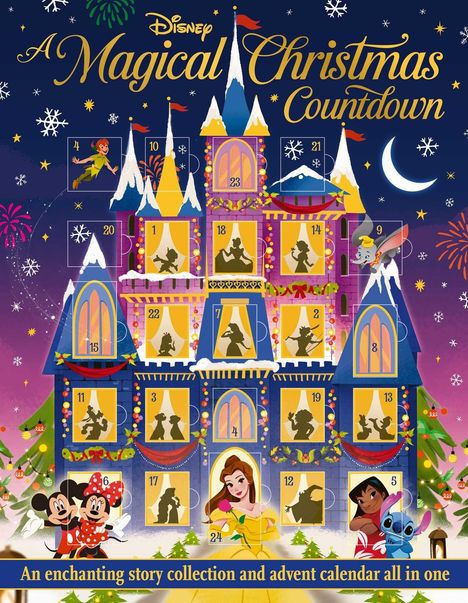 "A Magical Christmas Countdown" und "An enchanting story collection and advent calendar all in one". Disney-Schloss mit Figuren.