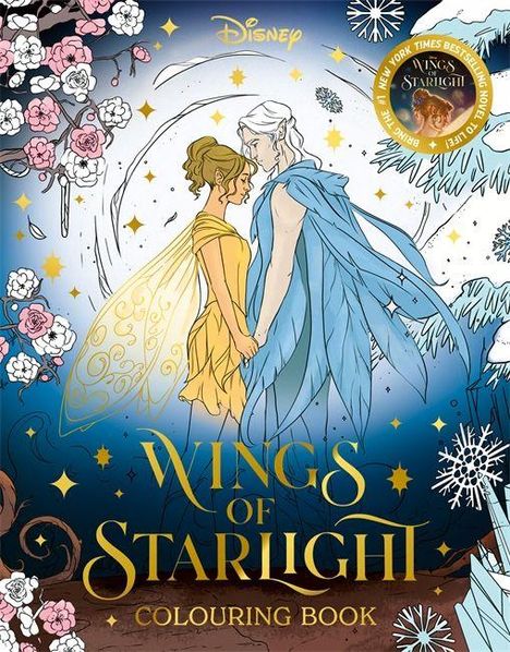 "Wings of Starlight Colouring Book" steht unten, oben ist das Disney-Logo. Zwei Figuren in gelben und blauen Kleidern halten sich an den Händen.